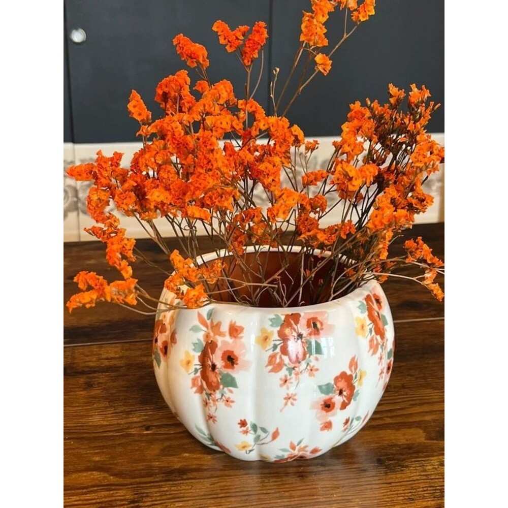 Ashland Floral Pumpkin Ceramic Planter – Orange Fall Decor